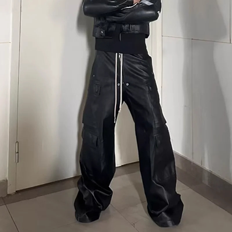 RO Style Matte PU Leather Pants for Men High Street Y2k Hombre Baggy Overall Wide Leg Drawstring Cargo 250304