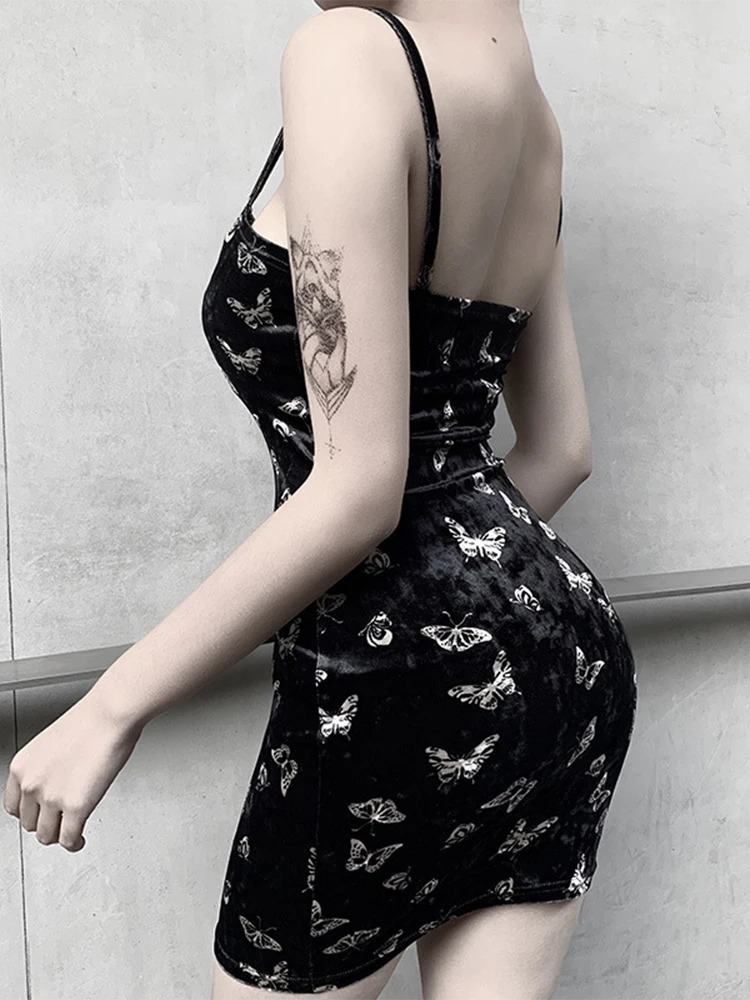 Harajuku Black Dres Gothic Spaghetti Strap Backless Off Shoulder Dresses Female Fashion Casual Print Sexy Dress 250304