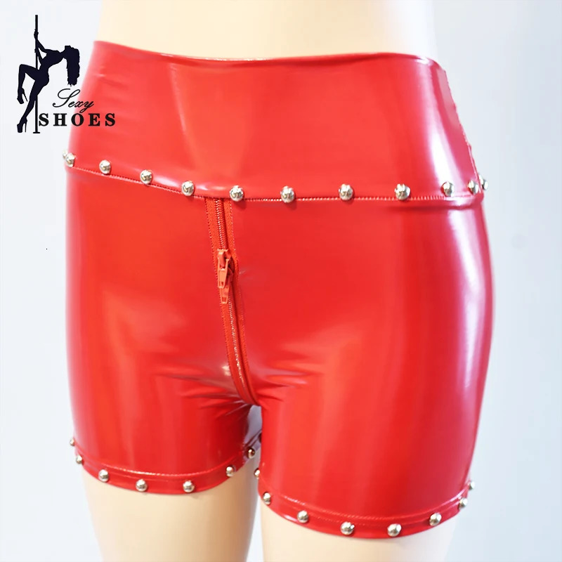 Riveted Womens Pants Double Zipper Sexy Gothic Women Shine Leather Shorts Festival Rave Girl Club Streetwear 250304