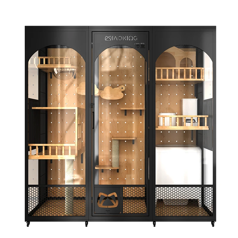 Meow Emperor panoramic glass luxury solid wood cat villa can be customized automatic cat litter box large space cat cage