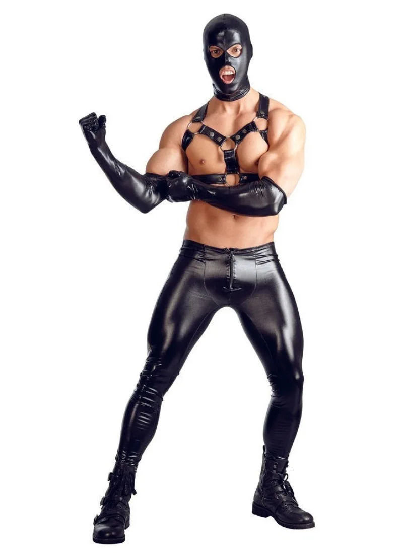 Autumn and Winter Skin Tight Muscle Mens Gladiator Solid Black PU Low Waist Elastic Leather Pants 250304
