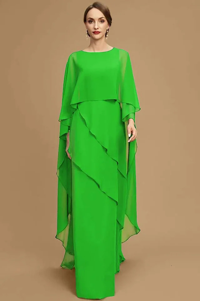 Plus Size Women Party Dress Chiffon Batwing Cape Sleeve Tiered Asymmetric Trim ONeck Gowns Cocktail Wedding Guest Long 250225
