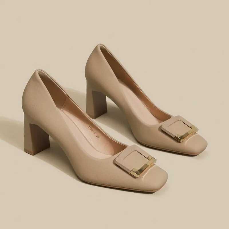 Spring new square thick h wens shallow mouth buckle single shoes professional shoes high h Y250304