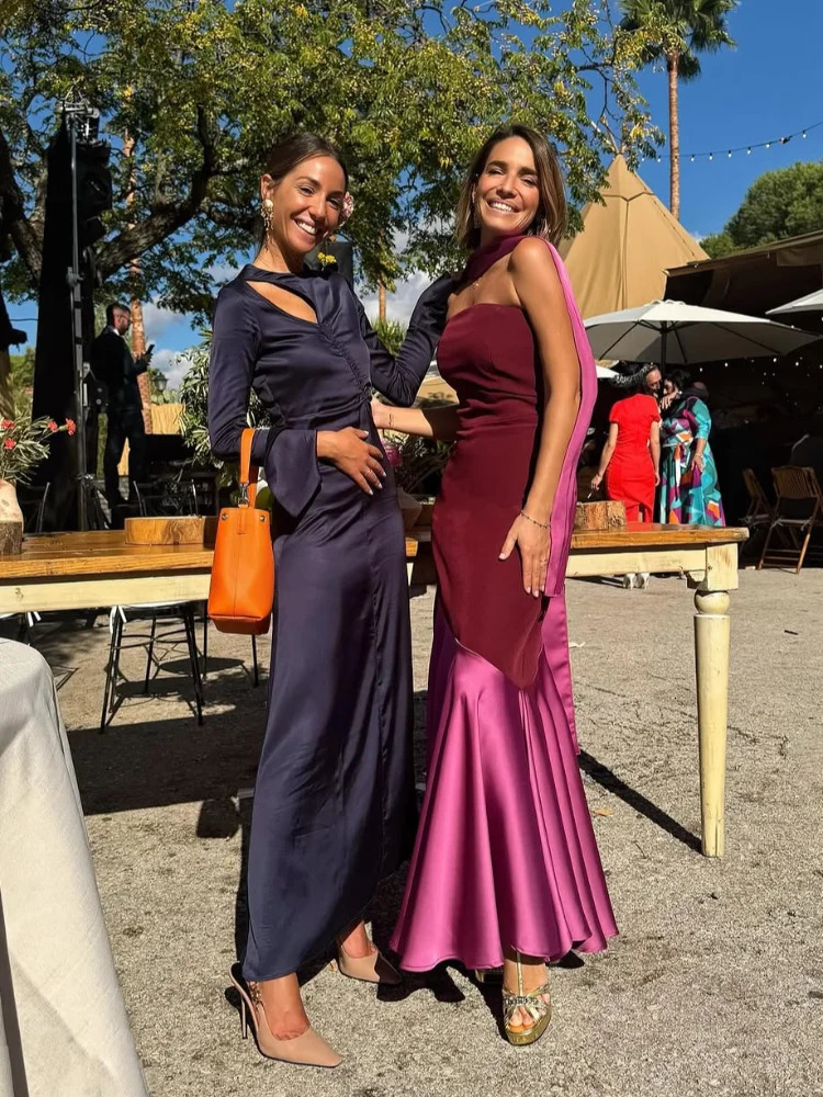 Fashion strapless shoulder strap silk scarf Maxi dress chic long 2025 womens party evening 250304