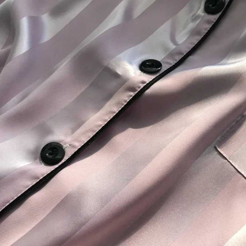 2Pcs Women Sleep Lounge Set Plus Size Seamless Satin Pajama Top Short Set Striped Button Up Short Sleeve Shirt Pants PajamasT250305