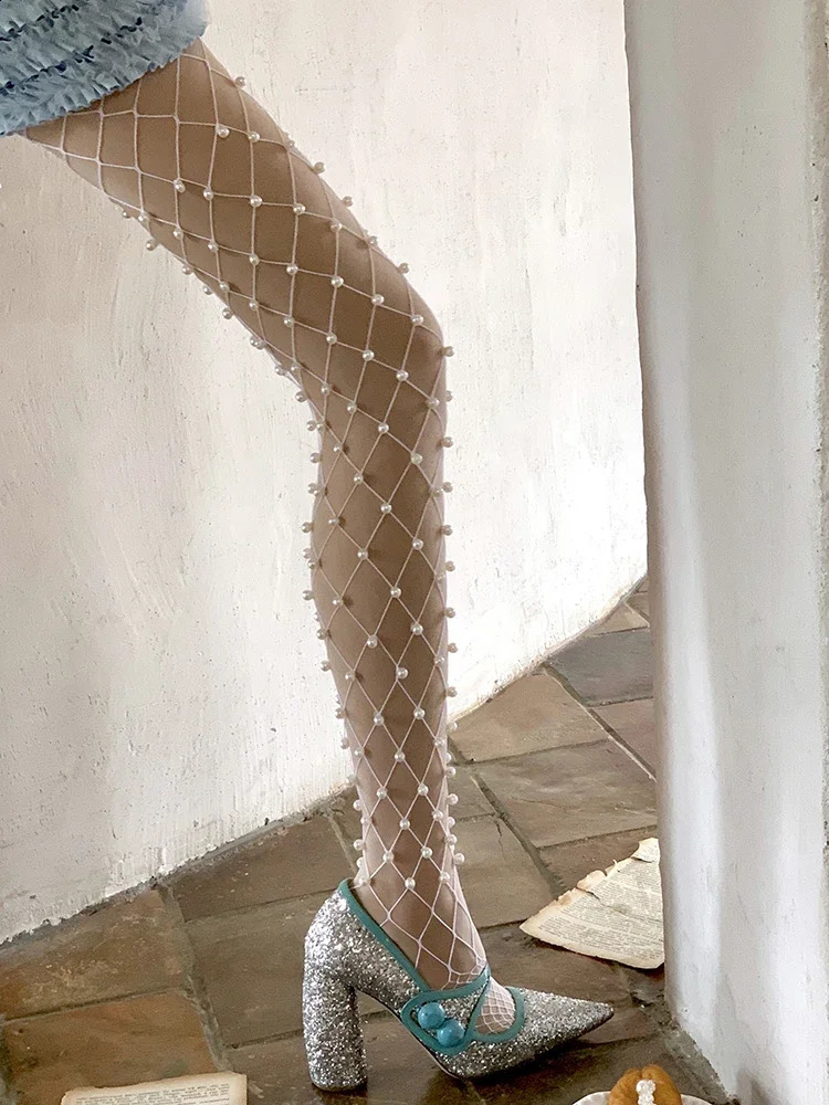 Stocking silk mesh three sided pearl decoration hollow solid color thin sexy fashionable casual long socks four seasons global 250304