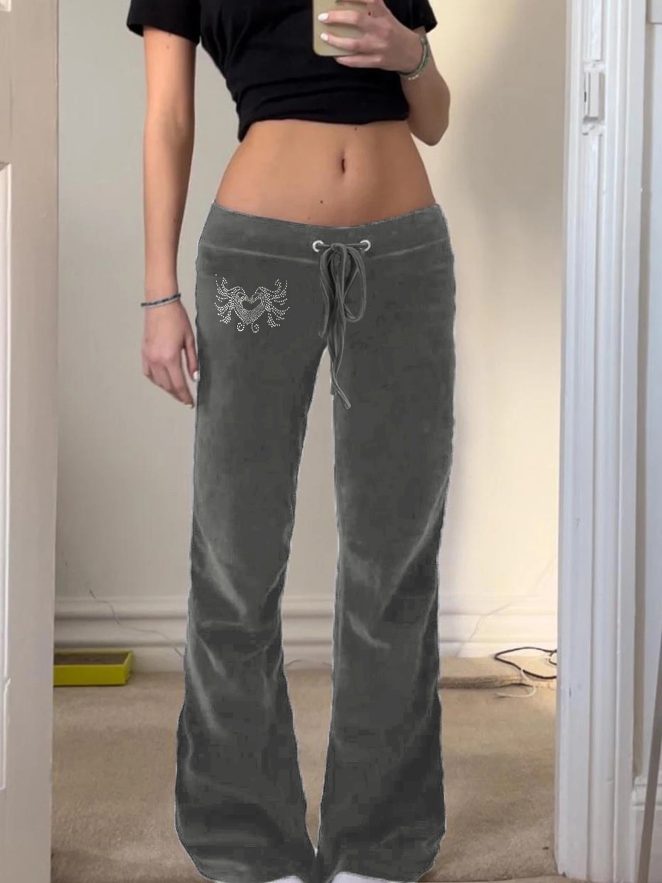 Cuteandpsycho Retro Rhinestone Y2K Flare Pants Lace-up Casual Streetwear Cute Bottoms Harajuku Aesthetic 2000s Womens Pants 250304