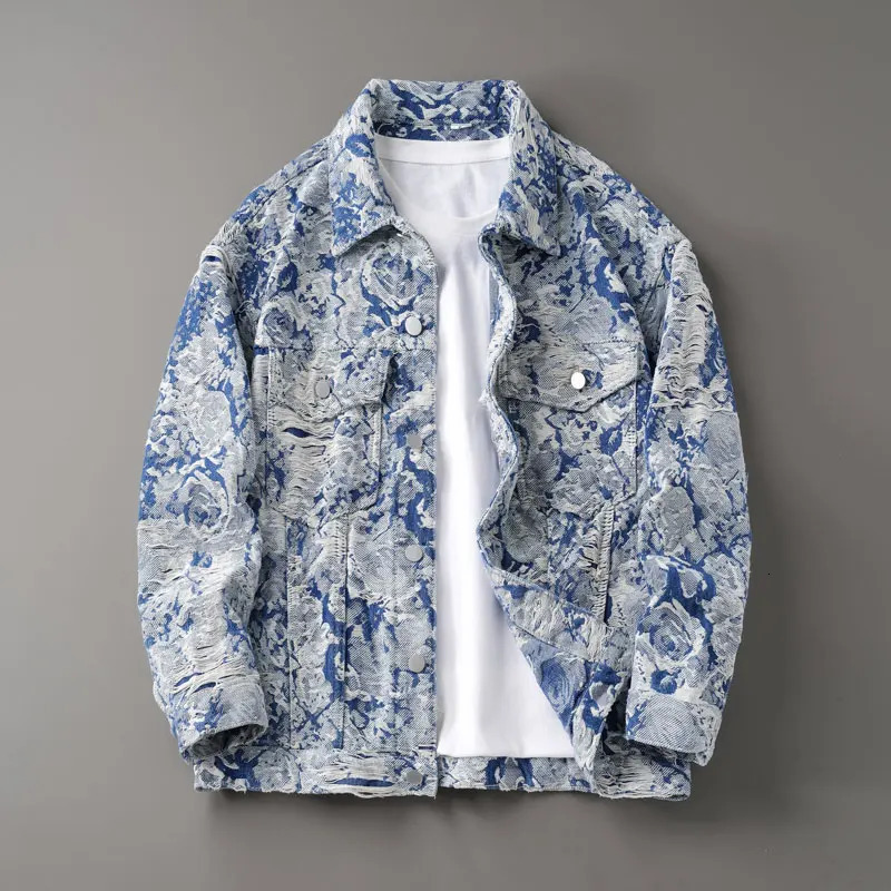 Autumn Fashion Men Jacket Retro Blue Loose Fit Casual Denim Ripped Coats Street Hip Hop Jackets 250225