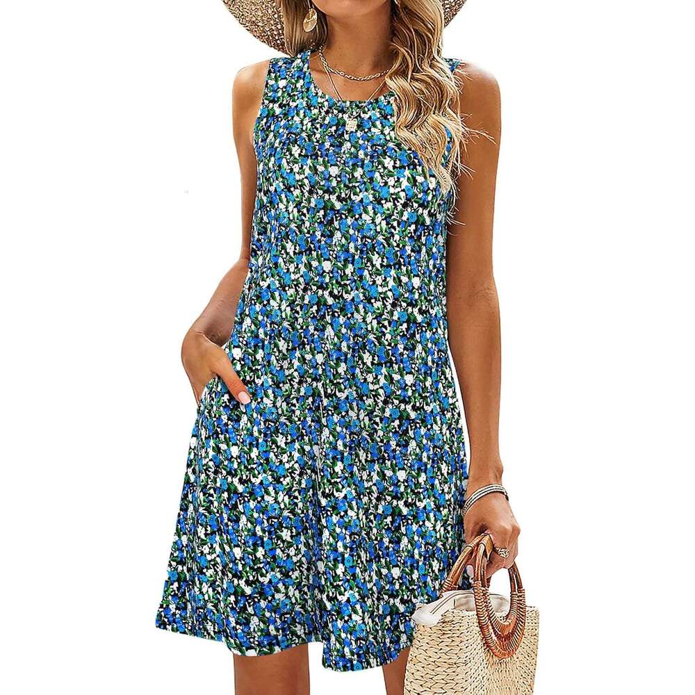 Women's summer dress beach floral T-shirt casual pocket bohemian vest skirt