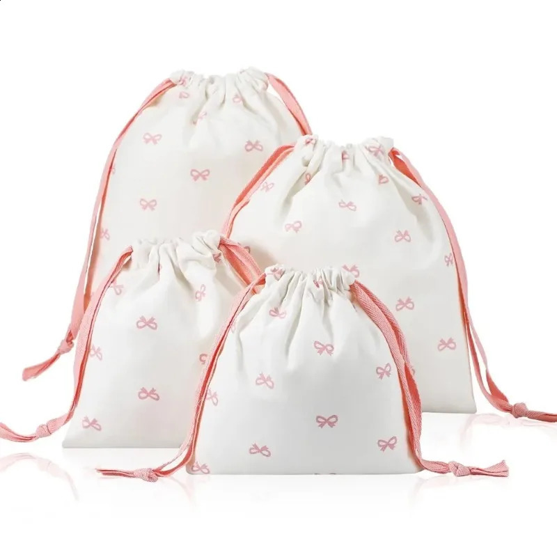Ship from US Bow drawstring makeup bag cute pink kawaii portable cotton storage foldable wallet dust tote 250305FBB