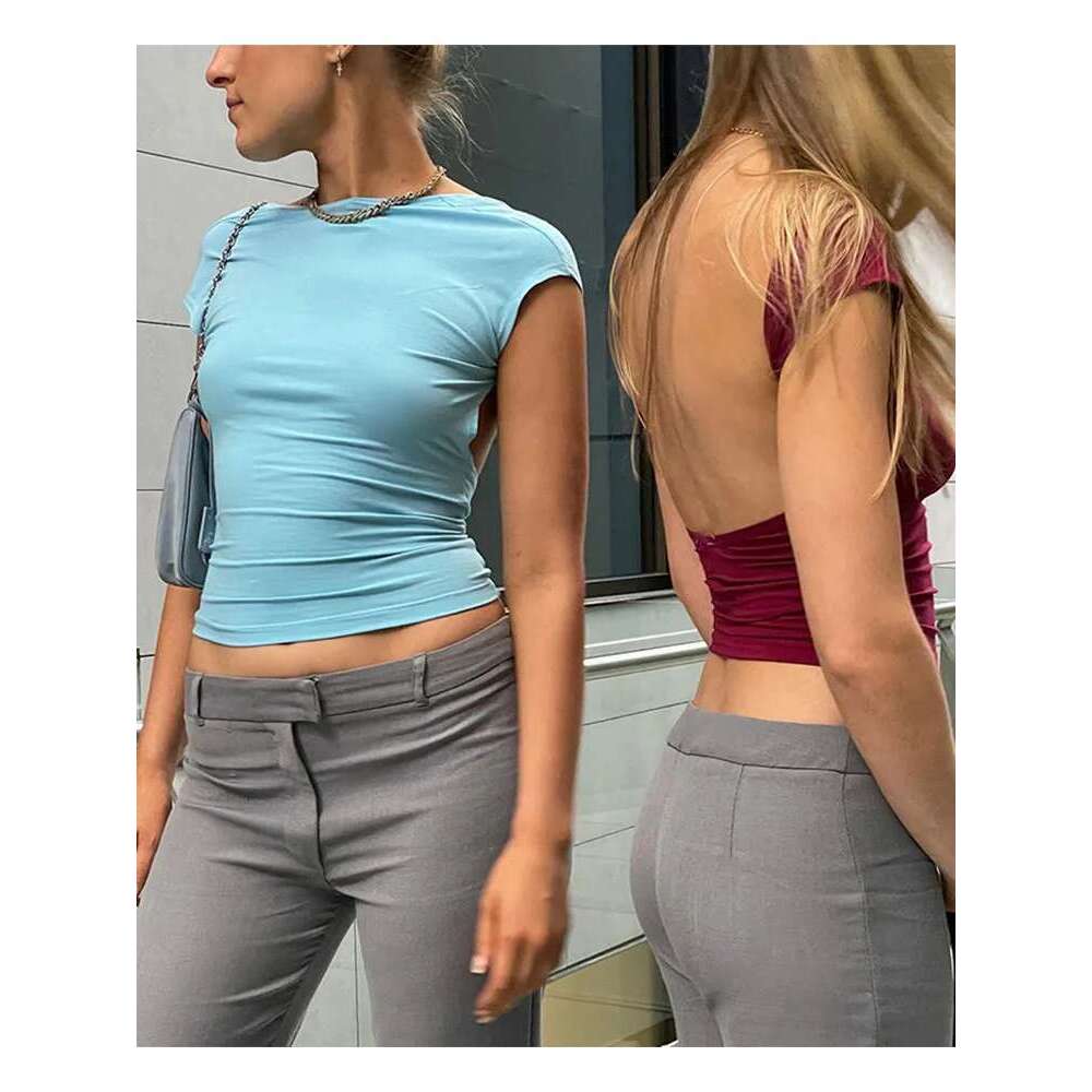 Short Backless Sleeve Blue Y2k Crop Top Women Casual O Neck 2022 Summer T Shirts Sexy Vintage Cut Out KLMY