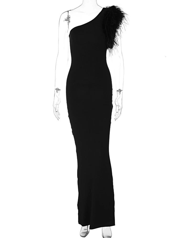 Dulzura Black Sleeveless One Shoulder Feather Maxi Dress For Women Bodycon Sexy Party Elegant Long Birthday Evening Outfit 250304