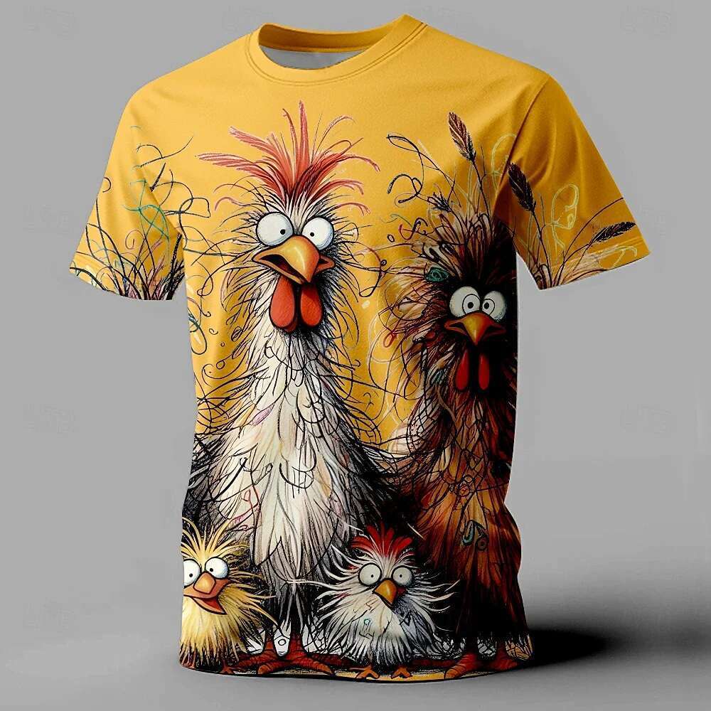 T-shirt short sleeves round neck for men, humorous and casual, printed animal chicken, street fashion, oversized clothing, summer