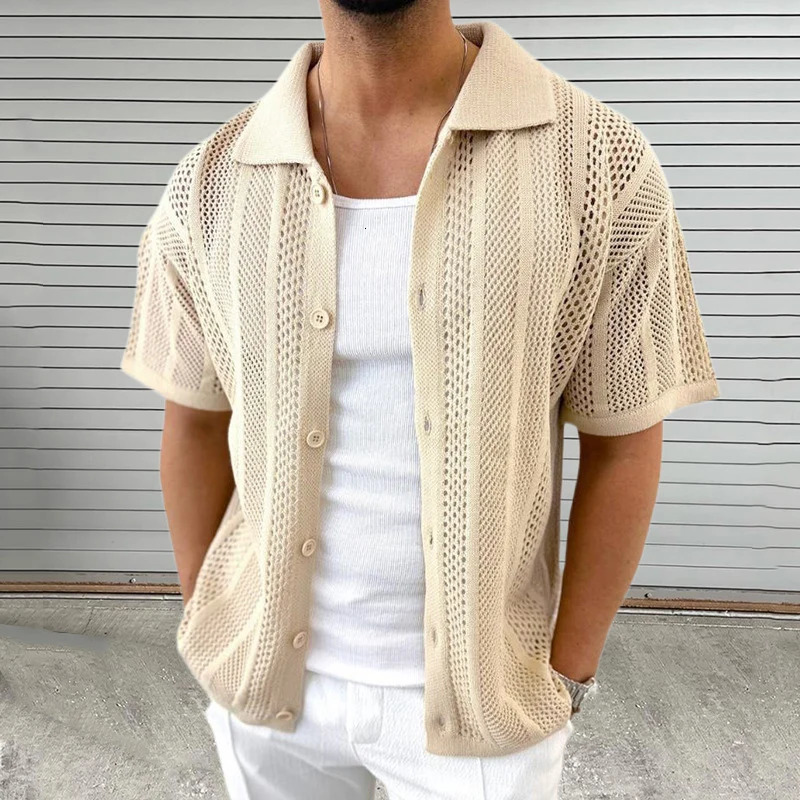 Vintage Knitted Hollow Out Shirts Men Fashion Button Lapel Short Sleeve Knit Shirt Summer Mens Knitwear Casual Solid Color Tops 250304