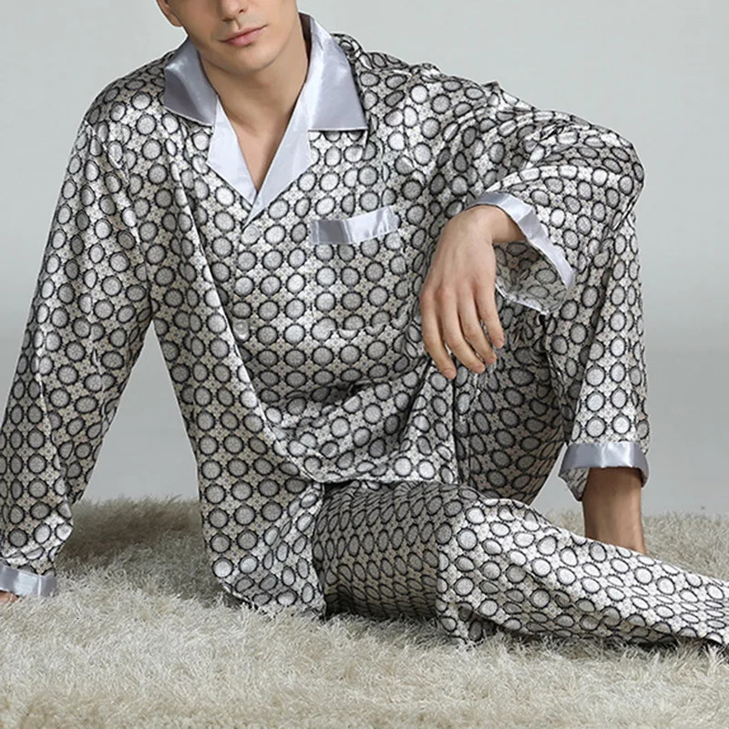 Mens Satin Silk Pajama Sets Sleepwear Casual Nightgown Loose Loungewear Pajamas Pijamas Autumn Print Nightwear Homewear 250304