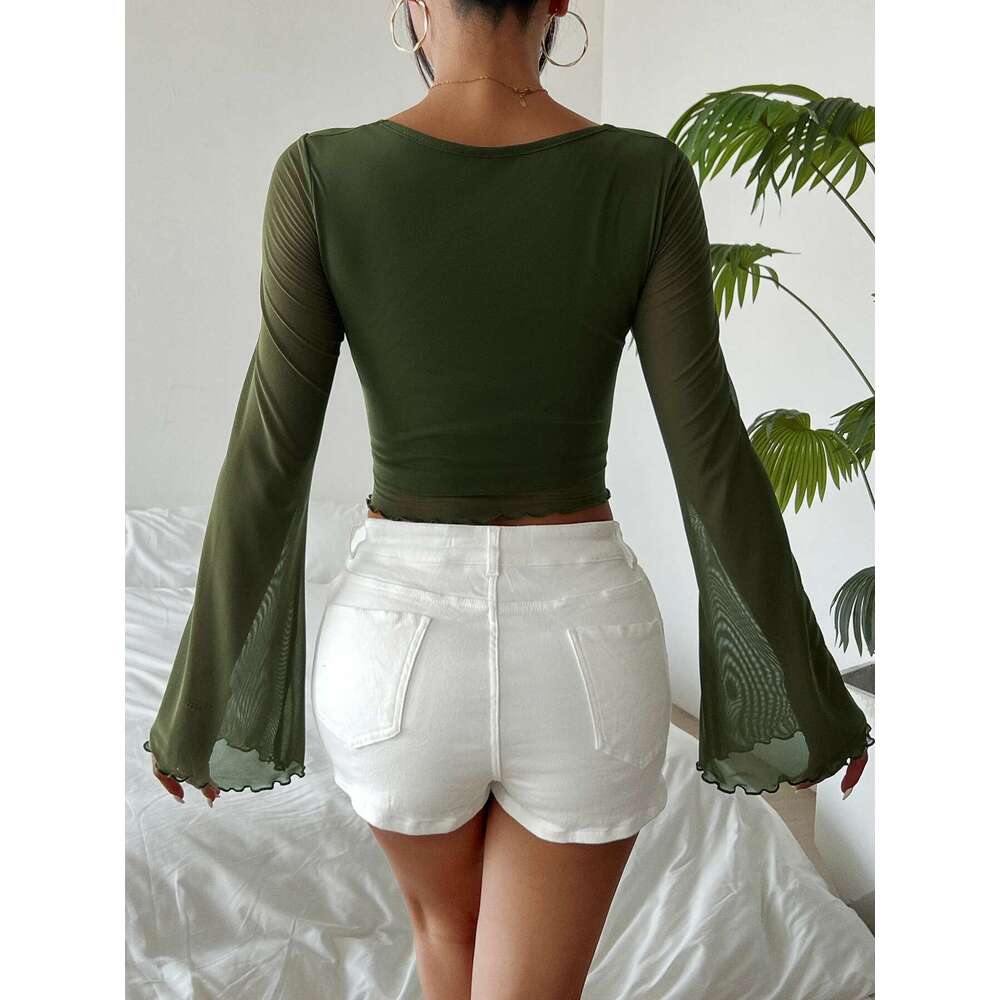 Women's Flat Sleeve V-Neck Fringed T-Shirt Solid Color, Elegant, Spring and Autumn Clothing