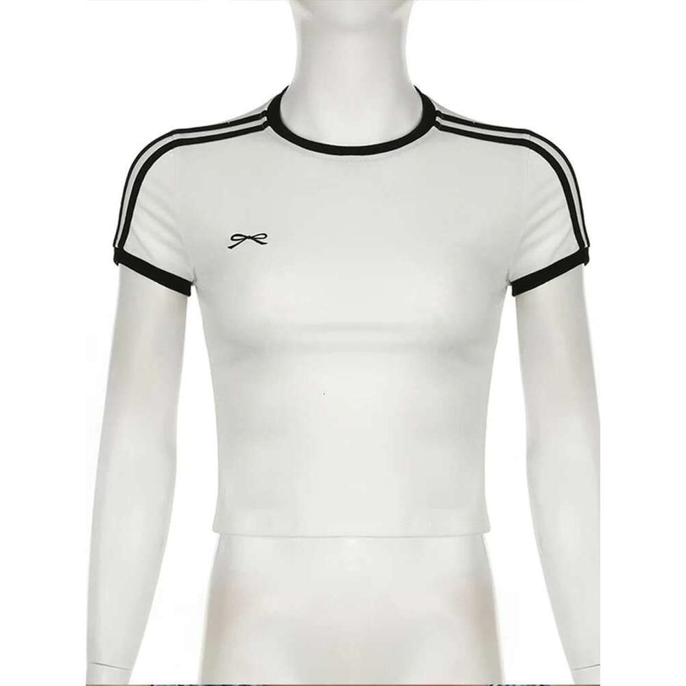 Embroidered Contrast Bow Crop Top Women Striped Print Short Sleeve Slim White T Shirts Casual Streetwear Y2k Tees KLMY