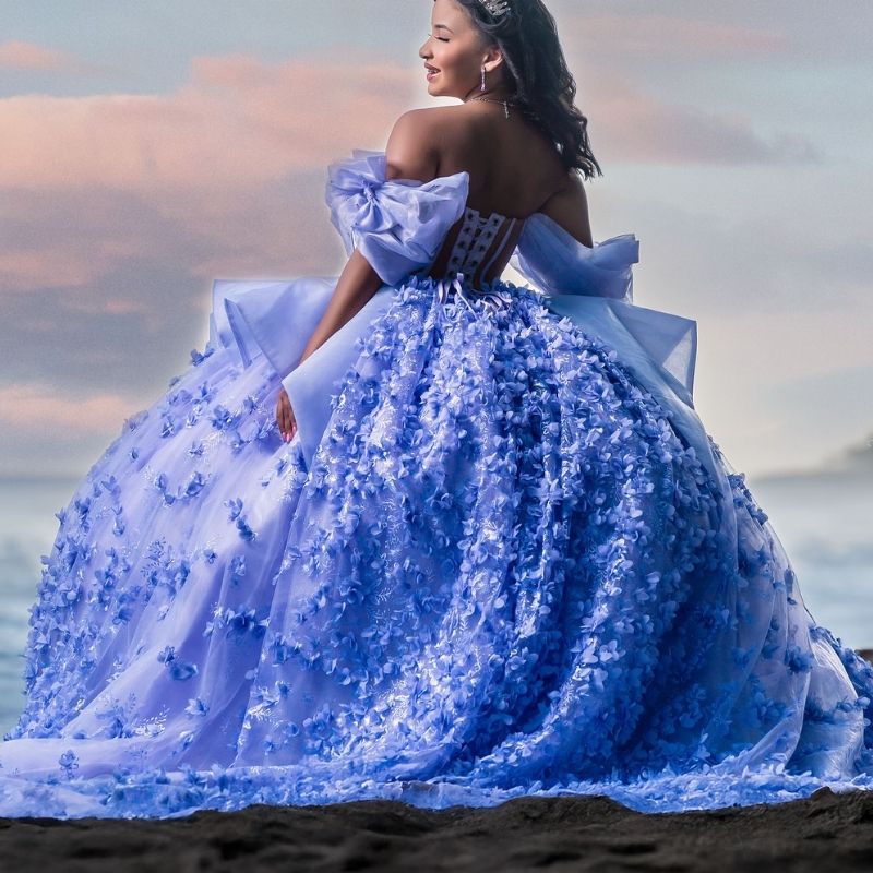 Lavender Shiny Quinceanera Dresses Ball Gown Off Shoulder Applique Flower Beading Crystal Tull Corset Sweet 16 Dress Vestidos 15 De Anos