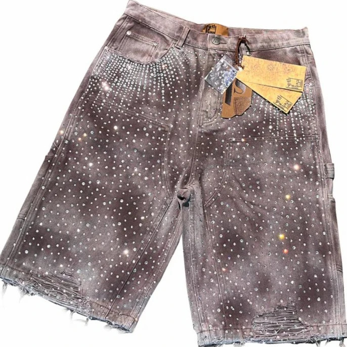 Streetwear Twinkle Diamond Rivet Denim Shorts Harajuku Goth Retro Washed Brown High Waist Pants Mens Clothing 250304