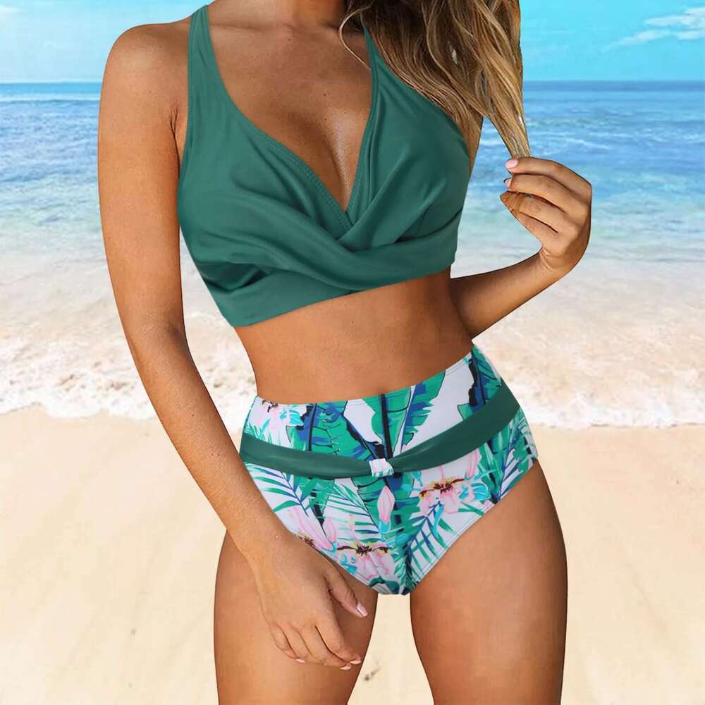 Bandage Sexy Print Bikini Large Size Swimsuit Halter Swimwear Women High Waist Shirring Bikinis Sets Beach Outfits Bathing Suits Km-Ly