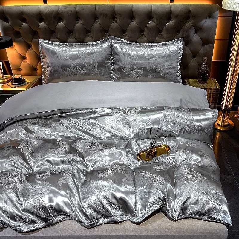 Silver Comforter Bedding Set King Bed Quilt Cover Set Bedclothes with Pillowcase Silky Jacquard Floral Bed Duvet Cover SetT250304