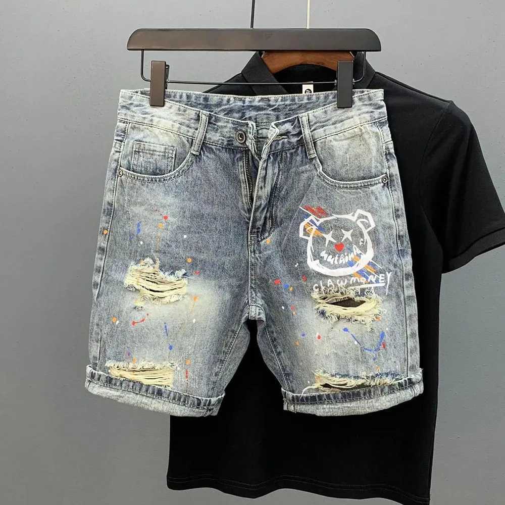 Cat Whiskers Ripped Denim Shorts Mens Personalized Print Splash Ink Summer New Korean Style Slim Fashion Five-Fifth PantT250305