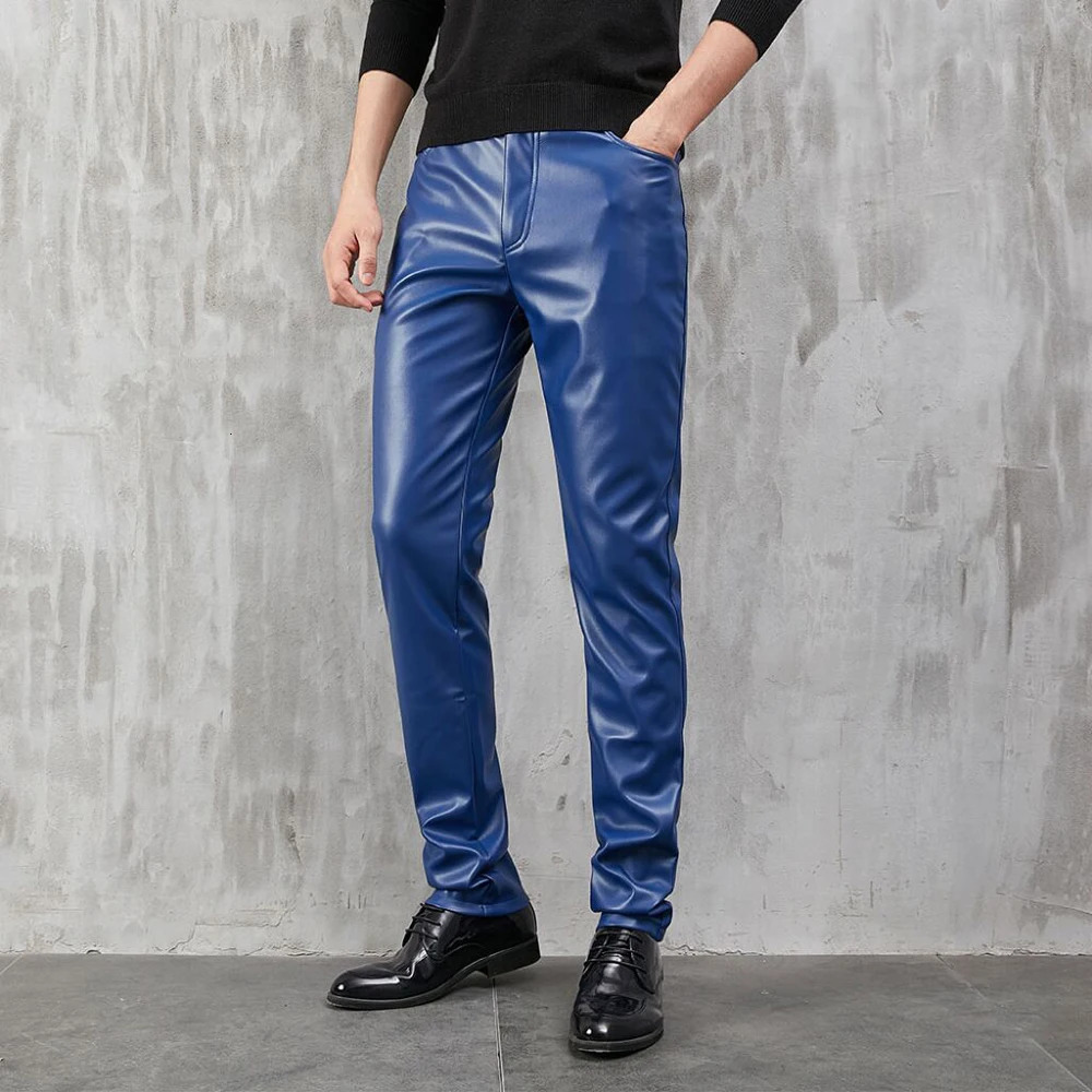 Mens Leather Pants Skinny Fit Stretch Fashion PU Trousers Party Dance Thin Streetwear 250304