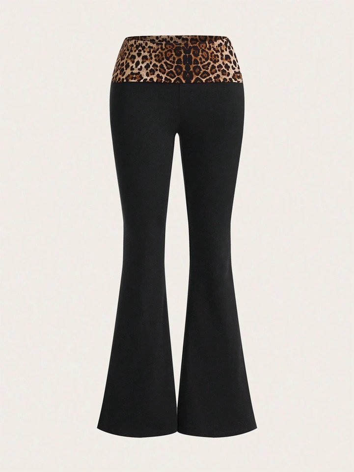 Leopard Print Splice Flared Leg Pants Elegant Slim Mid Waist Pants Womens Clothing 250304