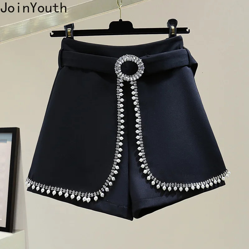 Womens Temperature Shorts 2024 High Waist Heavy duty Diamond Wide Leg Pantalones Cortos De Mujer Summer Chic 250304