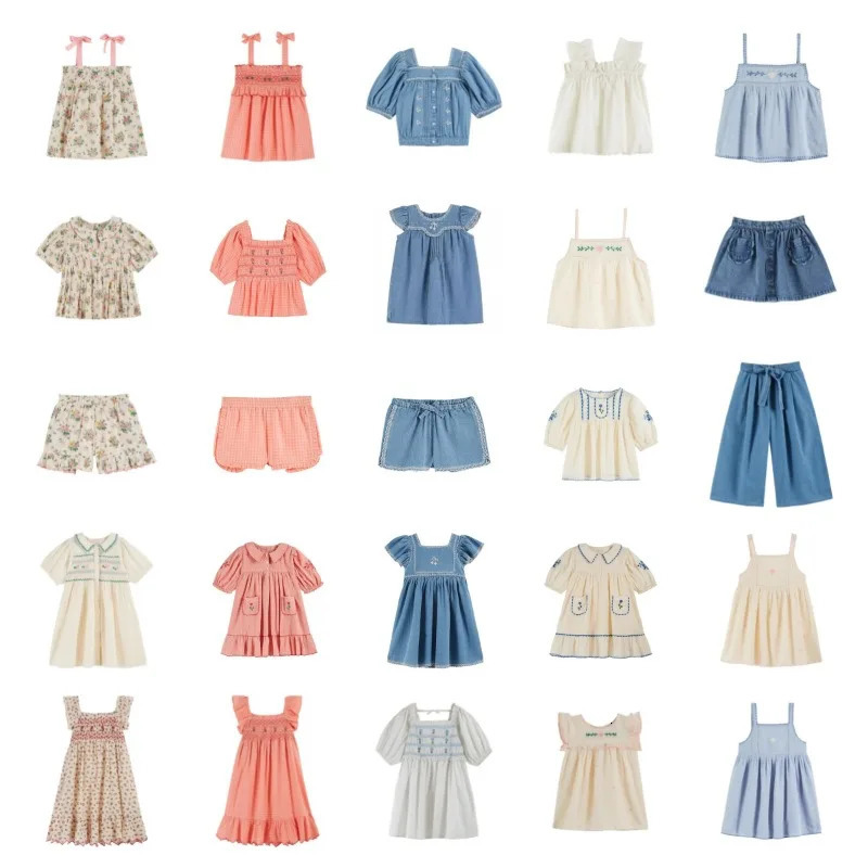 OUYANG IVAN Children Sets 25 Summer EM Girl Cute Embroidered Printed Short Sleeve Dress Kid Top Shorts Sets Blouse Skirt 250304
