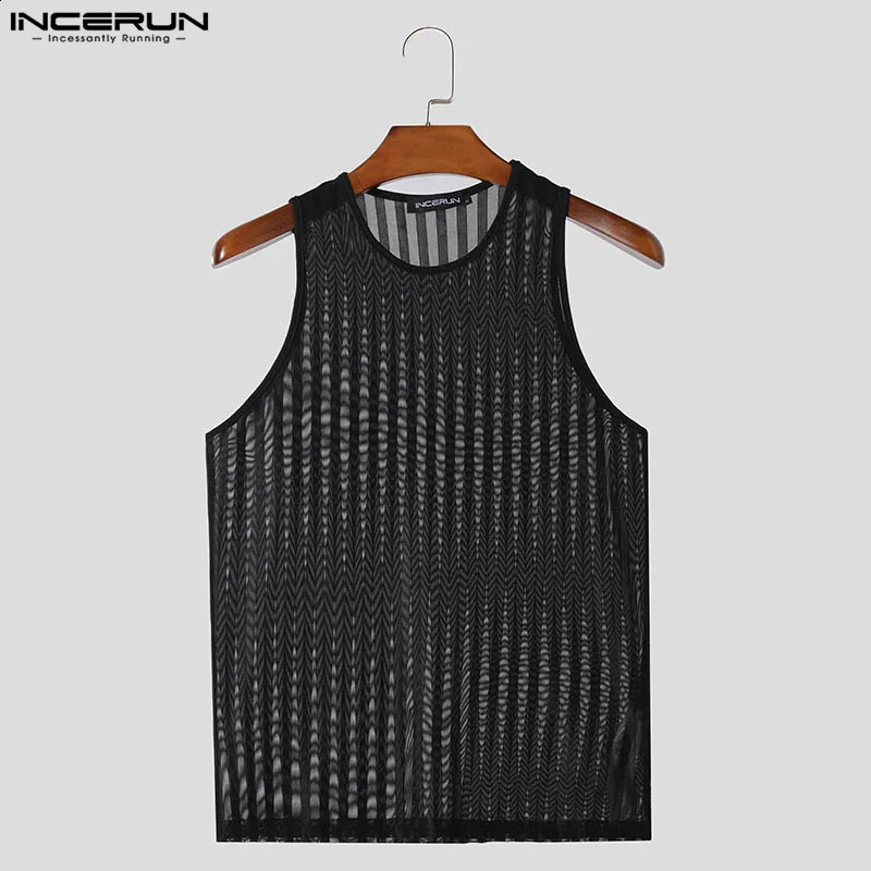 INCERUN Men Tank Tops Striped Mesh Patchwork O-neck Sleeveless Male Vests Summer Streetwear Fashion Sexy Men Clothing S-5XL 250227