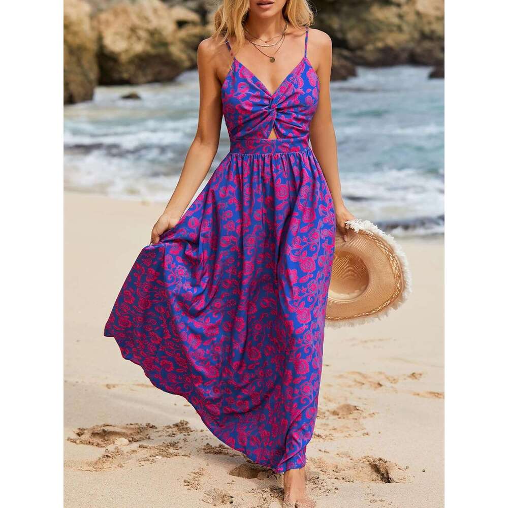 Women's extra long with floral print and twisted V-neck sleeveless dress for summer casual wear