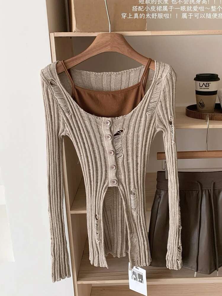 Fall Winter Women Korean 2000S Aesthetic Shoujo Girl Two Piece Sets Crop Top Knit T-Shirts Long Sleeve Hollow Out Tees Coquette