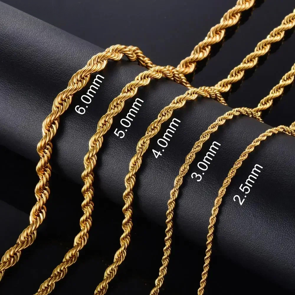 2.5MM 3MM 4MM 5MM Real Gold Plated Stainless Steel Twist Rope Chain No Fade Necklace Jewelry for Men Women