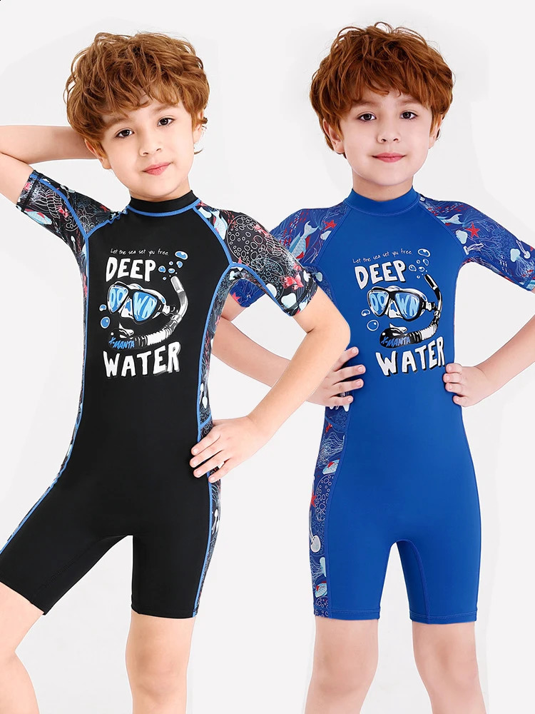 One-Piece Swim Suits Sportswear Girls Boys Summer Swimwear Children Swimsuits Kid Short Sleeve Quick Drying Sun Protection 250304