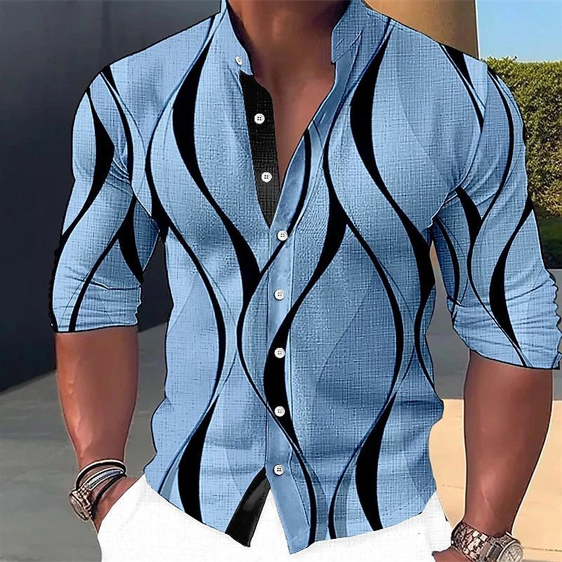Mens shirt graphic geometric standing collar outdoor street long sleeved printed clothing fashion casual 250227Z