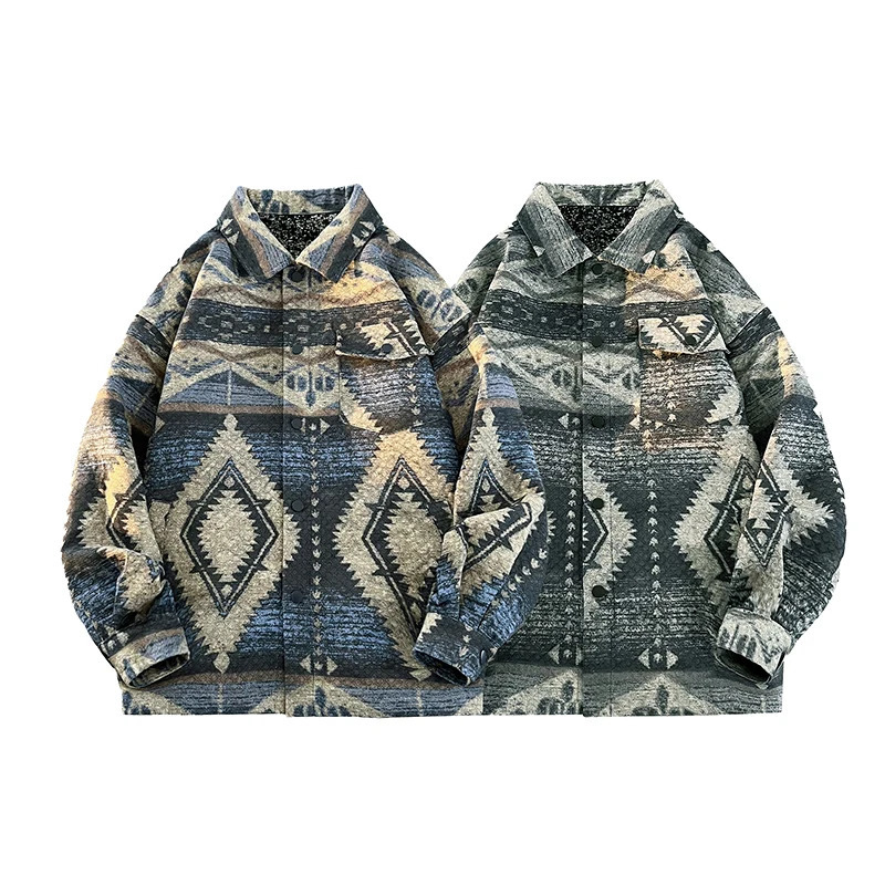 Mens Oversize Bomber Jacket Japanese Vintage Pattern Long Sleeve Colorblock Outerwear 250225