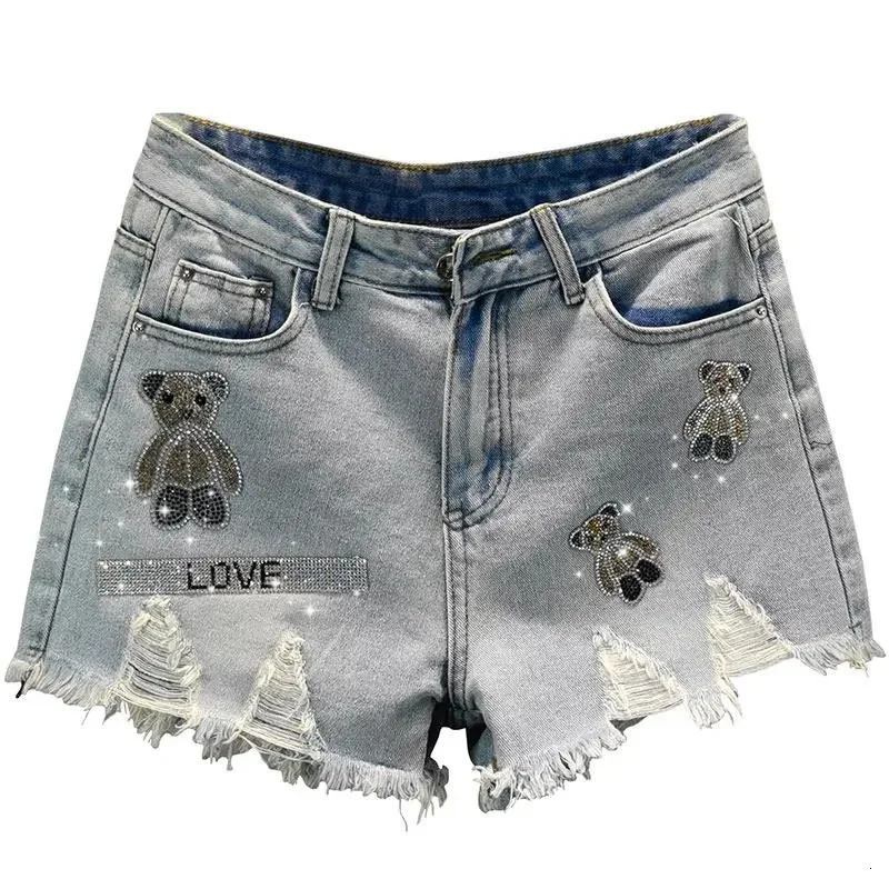 Womens 2024 Summer High Waist Little Bear Diamond Shorts with Broken Hole Ragged Edge Denim Female Streetwear 250304