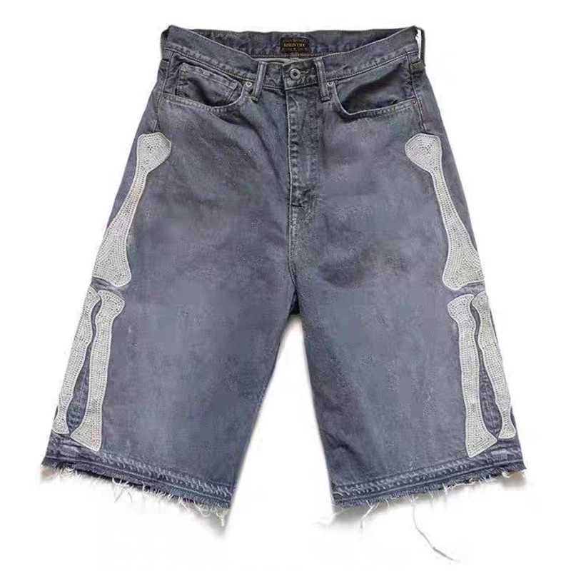 Men Vintage Bone Blue Denim Shorts Summer Casual Loose Jeans Shorts Retro Harajuku Streetwear Hip Hop Y2K Shorts Man y2k pantsT250305