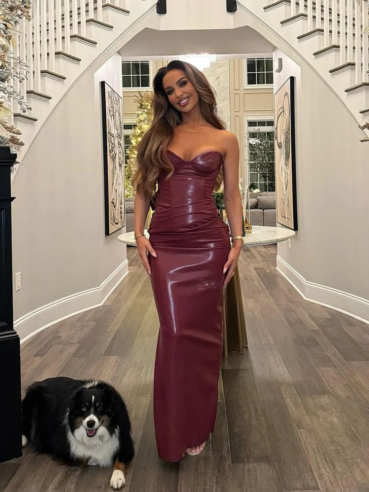 Sexy Womens Red Pleated Bodycon Pu Leather Dress Fashion Sleeveless Back Lace Up Slim Dresses 2025 Spring Lady Party Gowns 250304