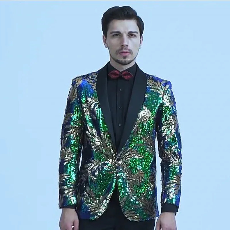 Mens Plus Size Glitter Gold Green Sequins Leaves Pattern Blazers DJ Night Club Singer Slim Fit Suit Jacket Host Stage Costume 250304