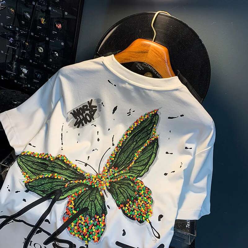 Fashion Painted Short T-Shirt Men's Summer Thin Butterfly Print Embroidered High-End Affordable Half Sleeve Top