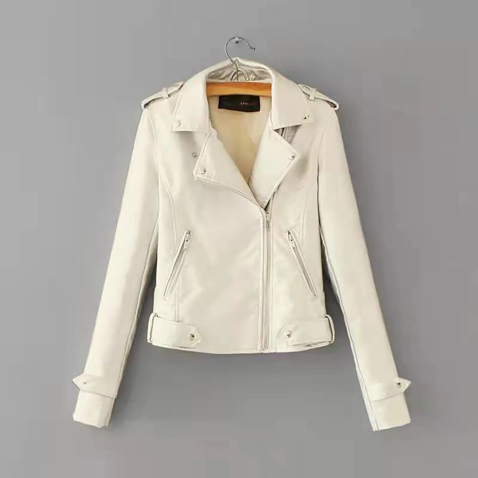 Casual and Elegant Womens Top Belt Fashion Pocket Artificial Leather Collar Solid Color Zipper Soft Jacket 250226