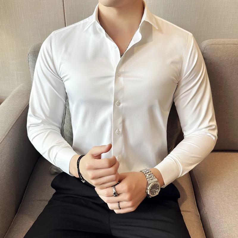 Mens Shirts Plain Color Dress Elastic Slim Fit Social Shirt Long Sleeve Elegant Prom Tuxedo Big Size 250227