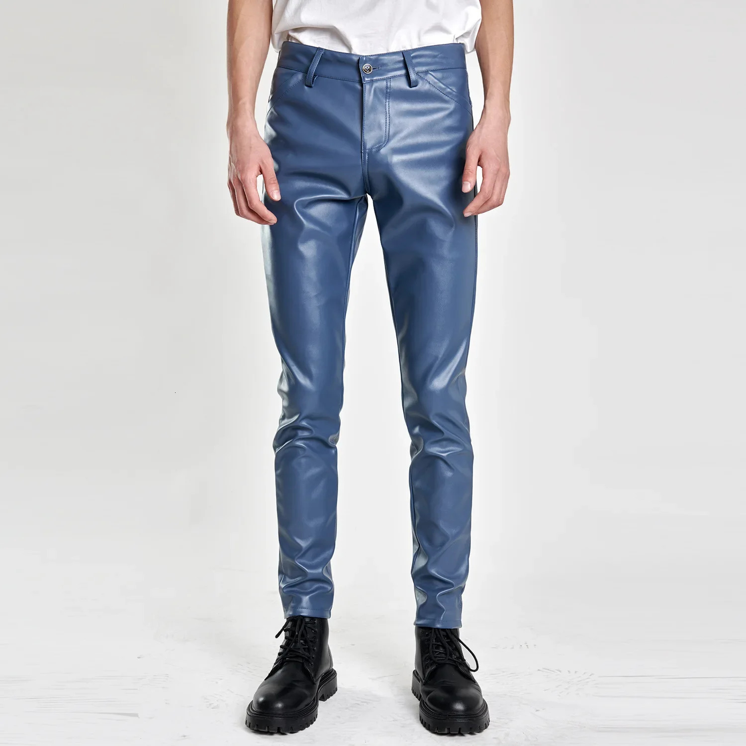 Mens Spring and Summer Fashion Solid Color Thin Leather PantsMultiple Colors Elastic Slim Small Feet Pants 250304
