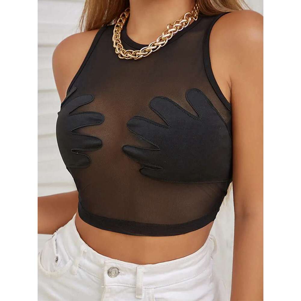Patchwork Mesh Vest Women Sexy Round Neck Sleeveless Summer Body-Shaping See Through Hipster Crop Tops Lady Tank KLMY