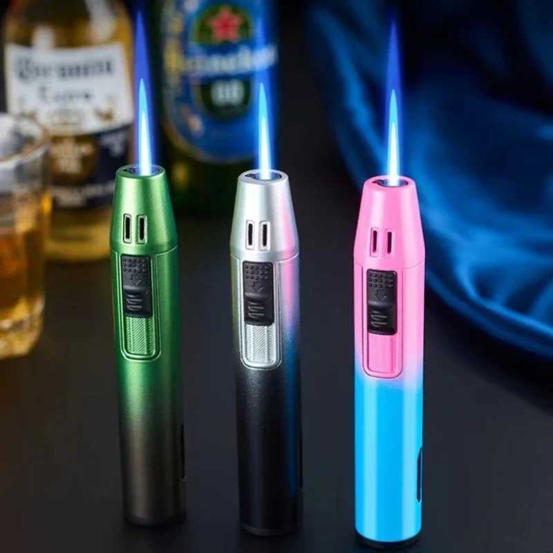 New Pen Metal Lighter Mini Spray Gun Inflatable Windproof Butane Gas Lighter Adjustable Straight Shot Blue Flame Cigarette ToolsT250305