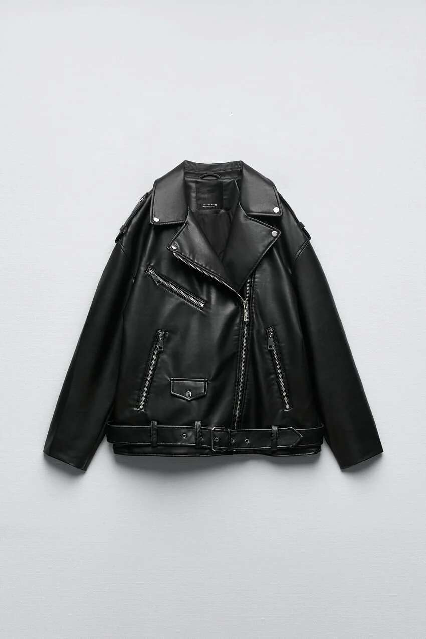 Imitation Leather Motorcycle Loose Jacket For Ladies 2024 New Epaulette Decoration Diagonal Zipper Down Shoulder Lazy Coat