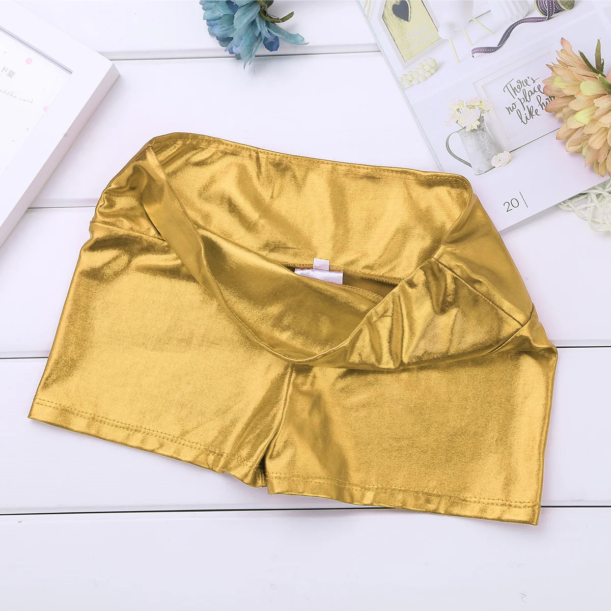 Kids Girls Metallic Shiny Ballet Dance Gymnastics Shorts Bottoms High Waist Fitness Workout Yoga Cheer Dancewear Activewear 250304