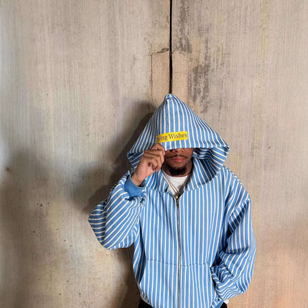 Daily casual commuting shirt striped blue and white paired with unisex letter embroidery versatile hooded sweatshirt